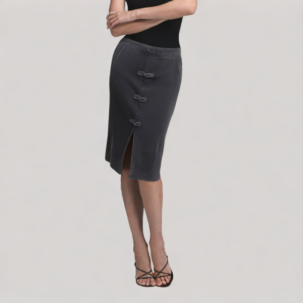 Chinese-Style Button Black Denim Skirt