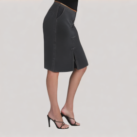 Chinese-Style Button Black Denim Skirt