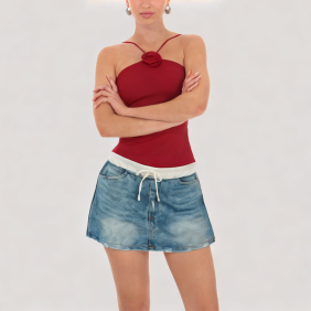 Drawstring A-line denim skirt