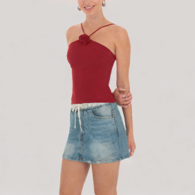 Drawstring A-line denim skirt