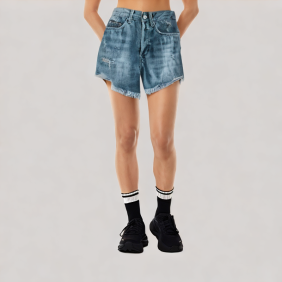 High-waisted frayed denim shorts